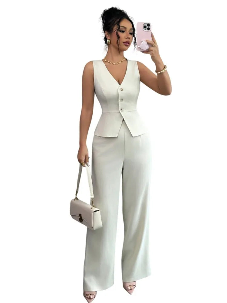 2026 Summer New Solid Color Two Piece Sets Women V-neck Sleeveless Slim Single-breasted Vest Top + Wide-leg Trousers 2-piece Set