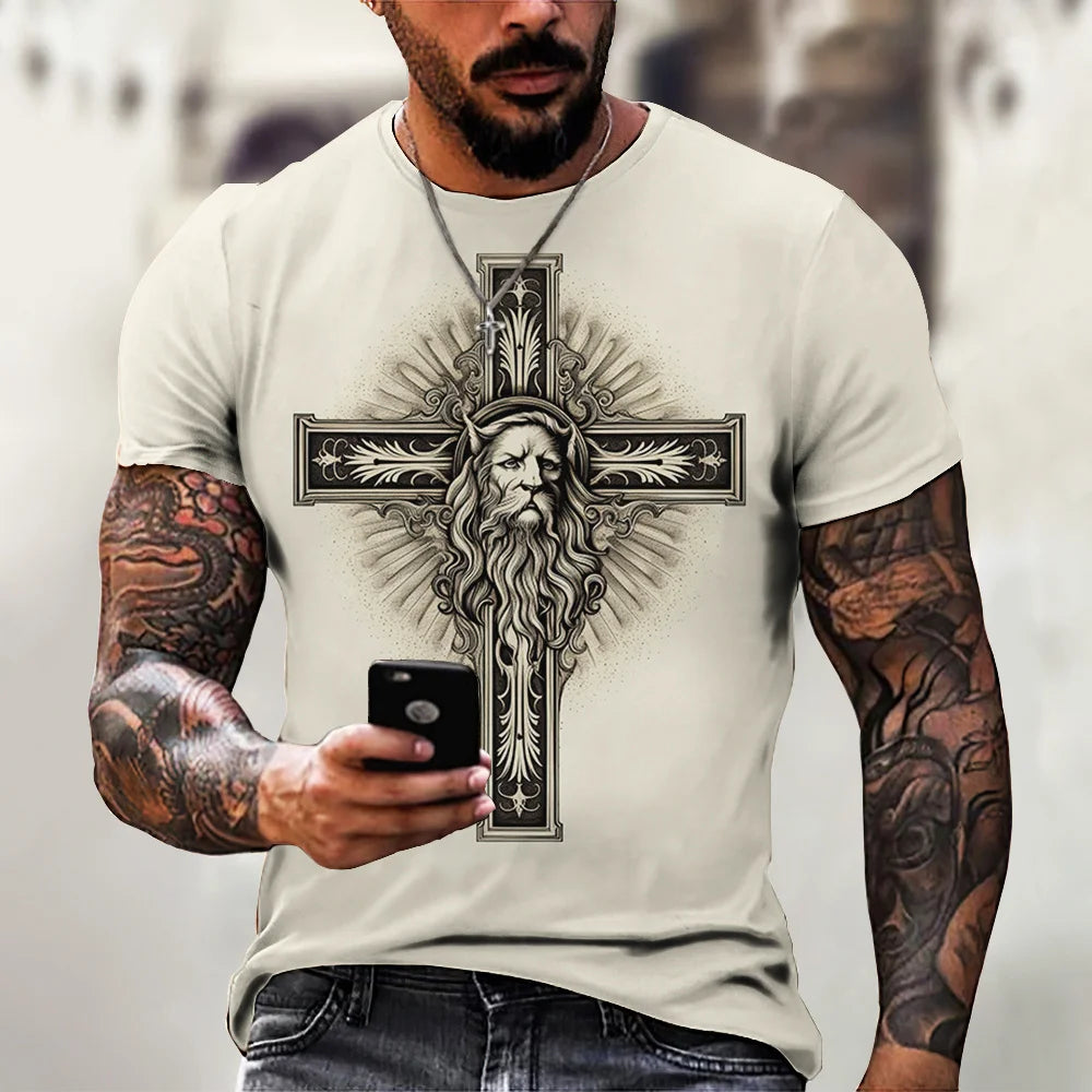 New Fashion Personality Men's T-Shirt Christian Cross Pattern 3D Printed Retro Short Sleeve O Neck Quick Dry High Quality Top