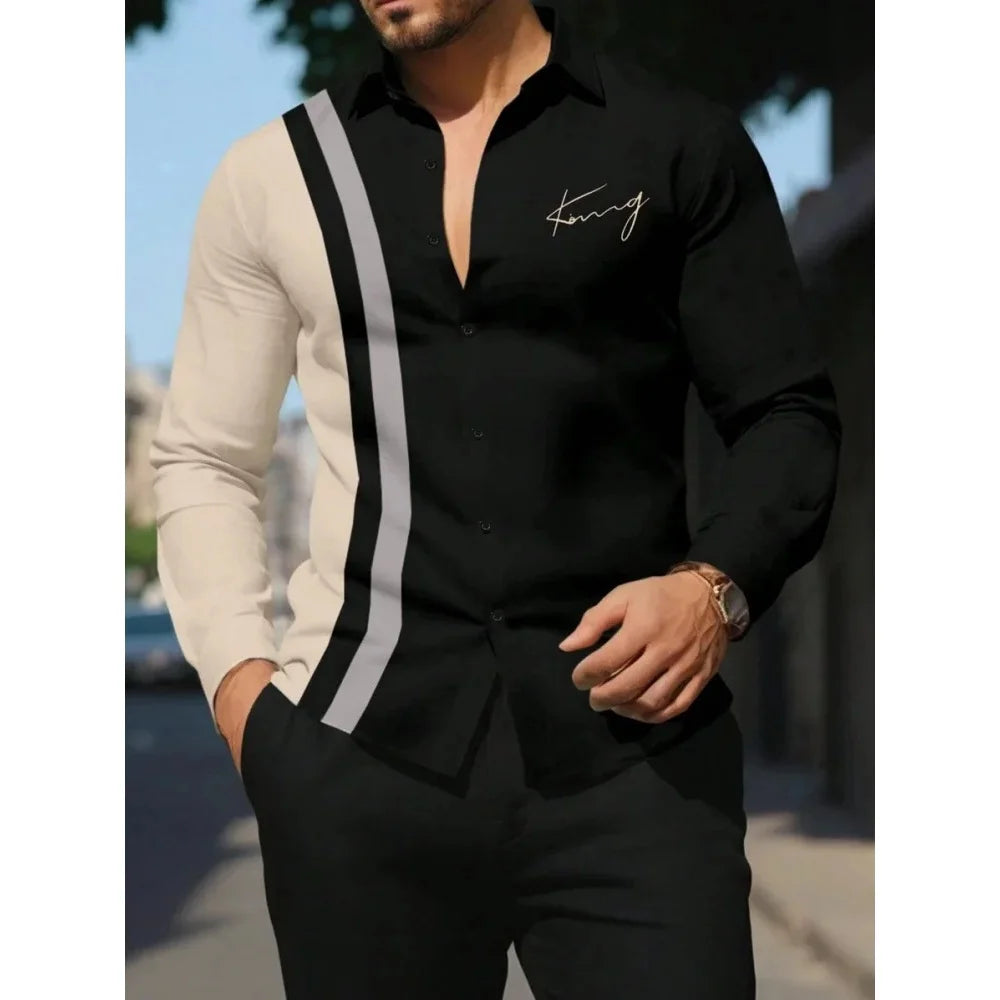 Men's Shirt Letter Striped Print Men's Long-Sleeved Shirt Autumn Casual Tops Beach Men Clothing Oversized Men's Fashion Shirts