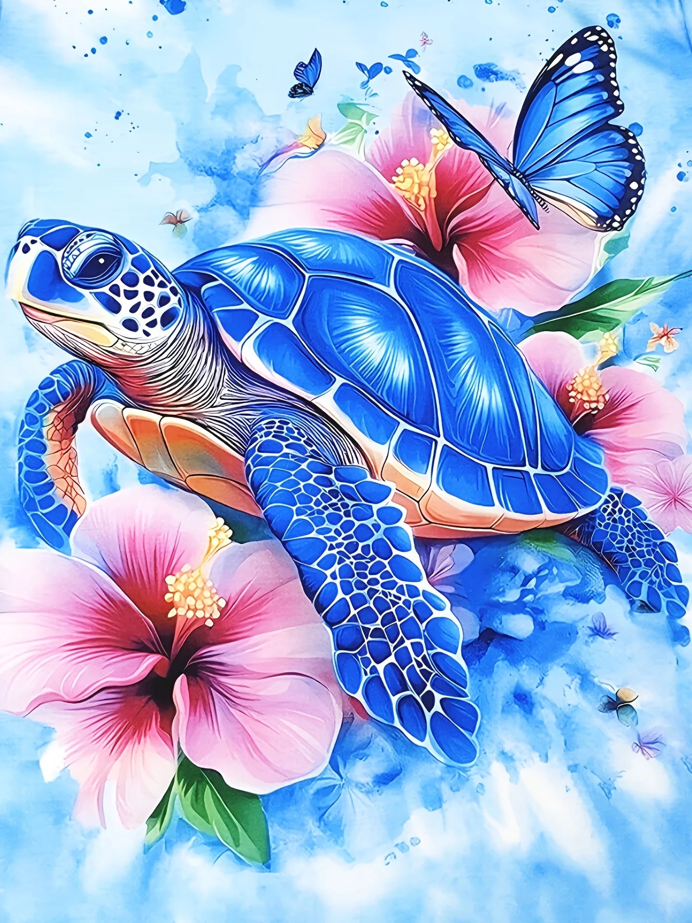 Light Blue Women's Tee - Blue Turtle & Hibiscus Graphic, Tropical Beach Print Design for Casual Daily Wear