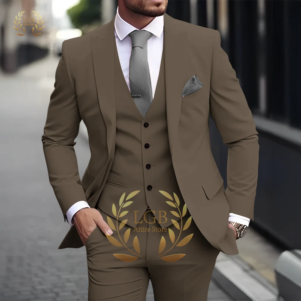 Men's Khaki 3-Piece Suit Classic Peak Lapel Business Formal Wedding Groom Slim Fit Elegant Gentleman Style Fashion Blazer