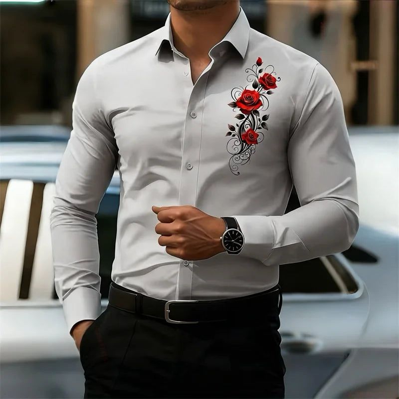 Men's Long-Sleeved Shirt, Featuring a Vintage Red Rose Print Design. A Stylish Business Casual Shirt and Fashionable Men's Top.