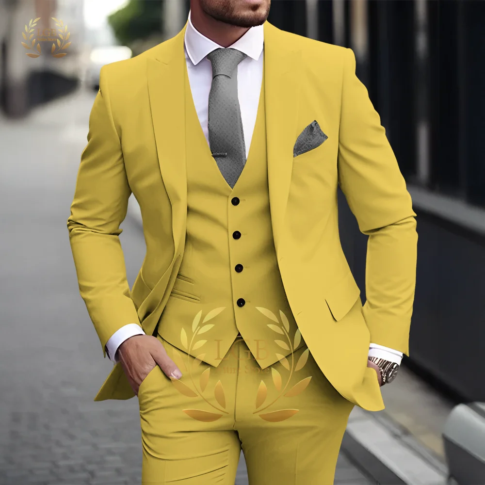 Men's Khaki 3-Piece Suit Classic Peak Lapel Business Formal Wedding Groom Slim Fit Elegant Gentleman Style Fashion Blazer