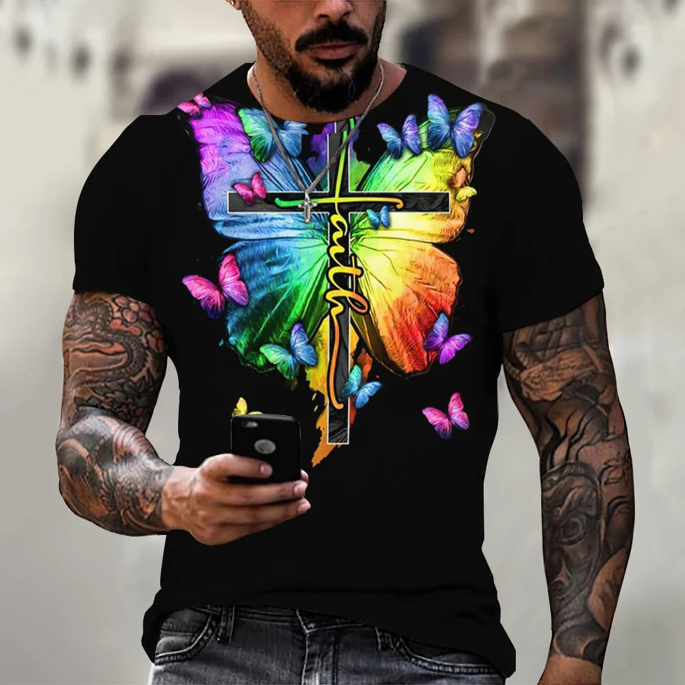 New Fashion Personality Men's T-Shirt Christian Cross Pattern 3D Printed Retro Short Sleeve O Neck Quick Dry High Quality Top