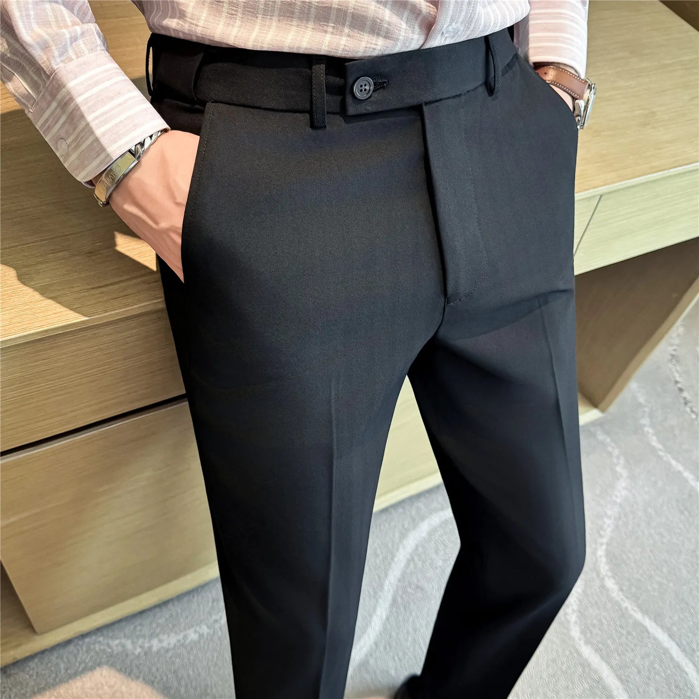 2026 Men's Suit Pants – Striped Formal Trousers in Brown, High-Quality Business Slim Fit Dress Pants for Office & Wedding Wear.
