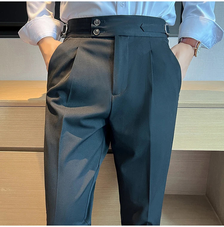 High Quality Neapolitan Mens Suit Pants, Slim Fit Casual Trousers, Blue Vintage High Waist Dress Pants Men ，pantalon Homme Luxe