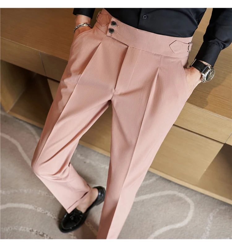 British Style Men High Waist Casual Dress Pant Men Belt Design Pink Trousers Formal Office Social Wedding Party Dress Suit Pants
