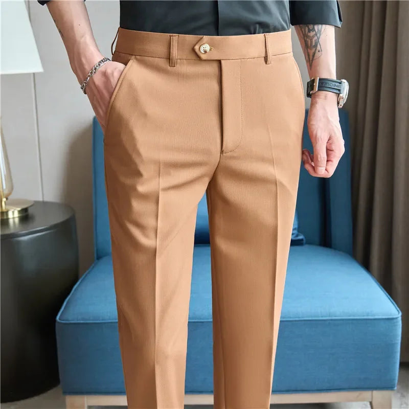2025  New Autumn Green Premium Dark Stripe Formal Pants for Men,Coffee Slim Small Foot Mens Casual Trousers/Dress Pants Men