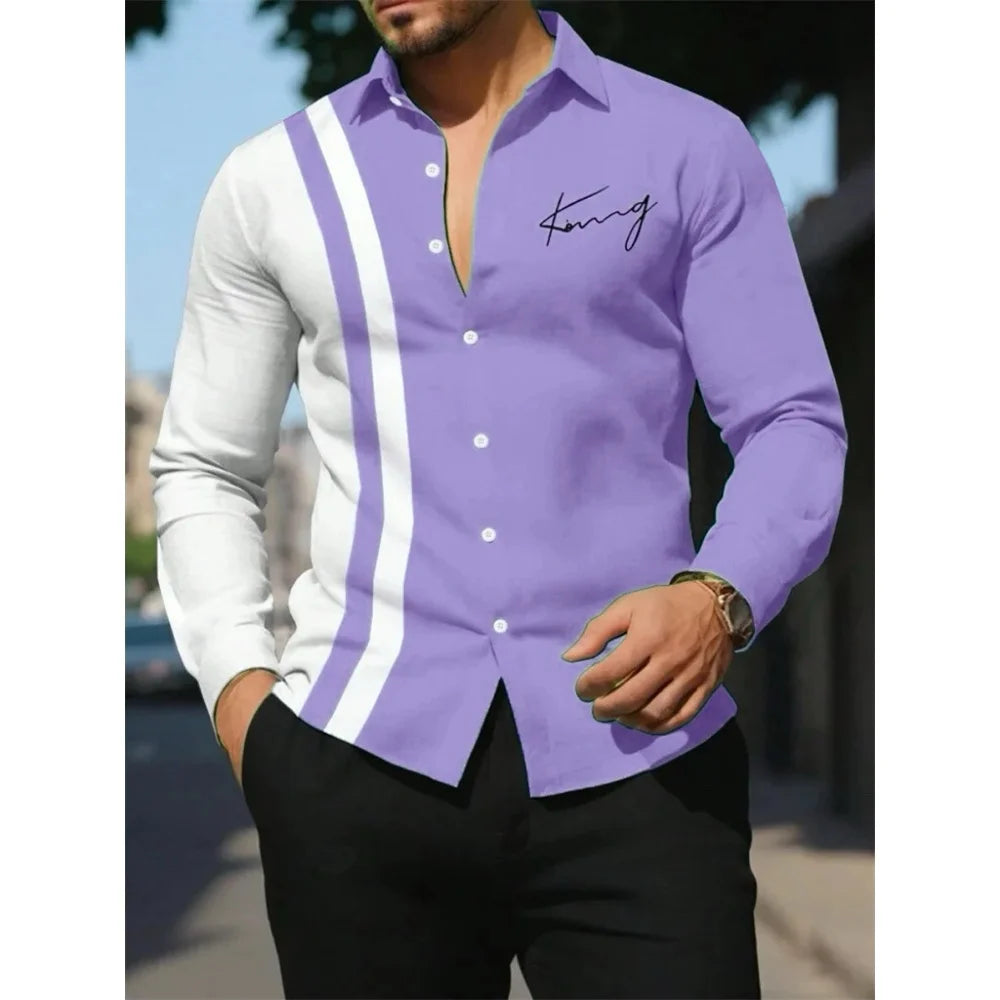 Men's Shirt Letter Striped Print Men's Long-Sleeved Shirt Autumn Casual Tops Beach Men Clothing Oversized Men's Fashion Shirts