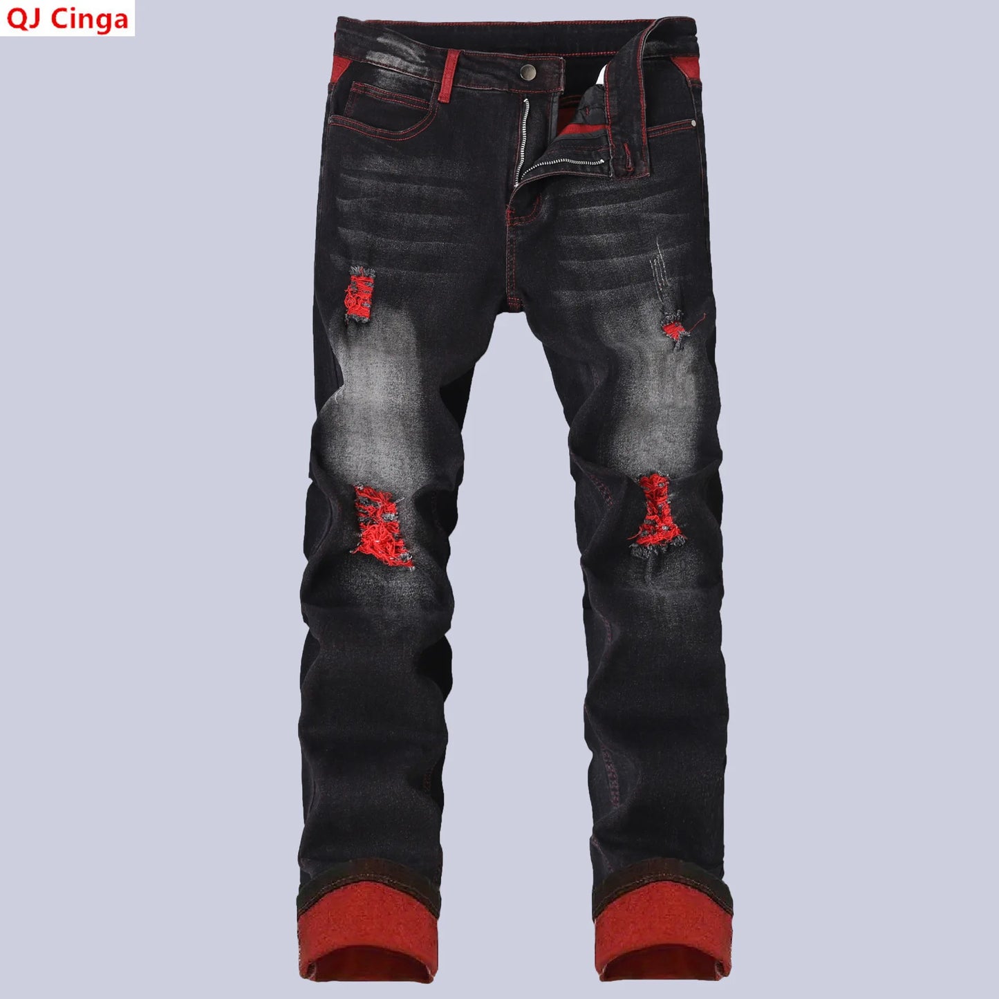 Men's Black Stretch Jeans for Spring and Fall, Denim Pants with Red Ripped Details, Asian Sizes 28–42.