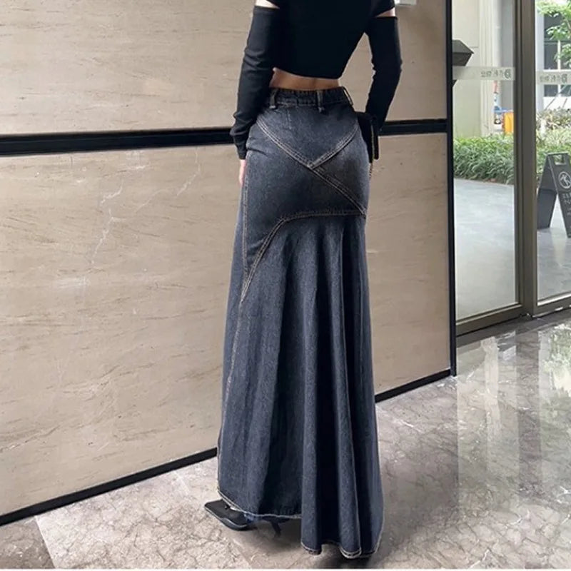 Maxi Skirt Women Casual Mermaid Streatwear High Waist Zipper Denim Skirts Y2k Streetwear Loose Long Mom Jeans Ankle Lenth Summer