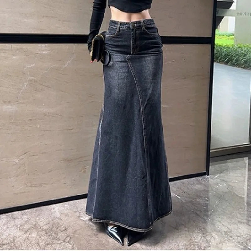 Maxi Skirt Women Casual Mermaid Streatwear High Waist Zipper Denim Skirts Y2k Streetwear Loose Long Mom Jeans Ankle Lenth Summer