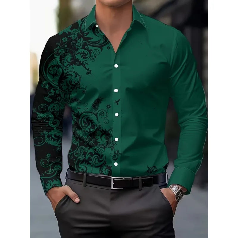 Men's Long Sleeve Geometric Line Print Dress Shirt Slim Fit Formal Casual Button Down Business Top Camisa Masculina De Negócios