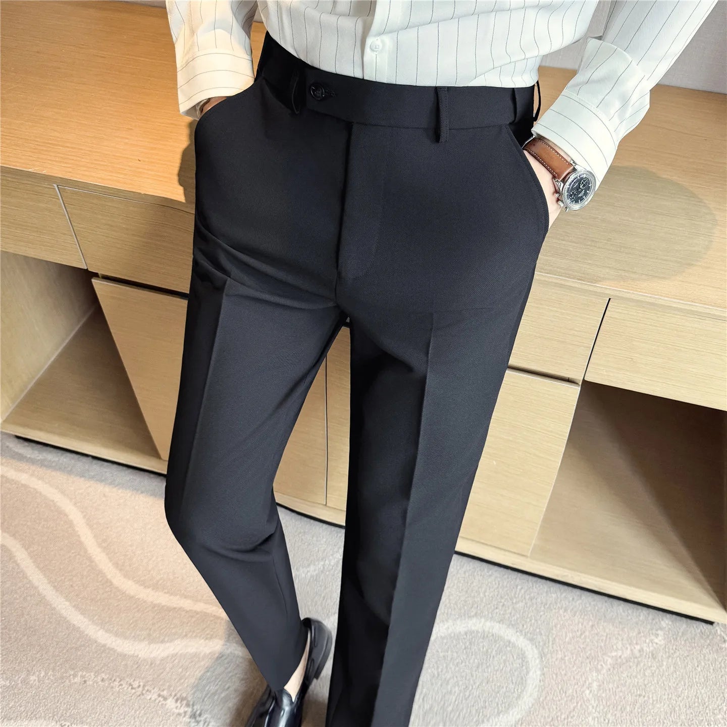 2026 Men's Suit Pants – Striped Formal Trousers in Brown, High-Quality Business Slim Fit Dress Pants for Office & Wedding Wear.