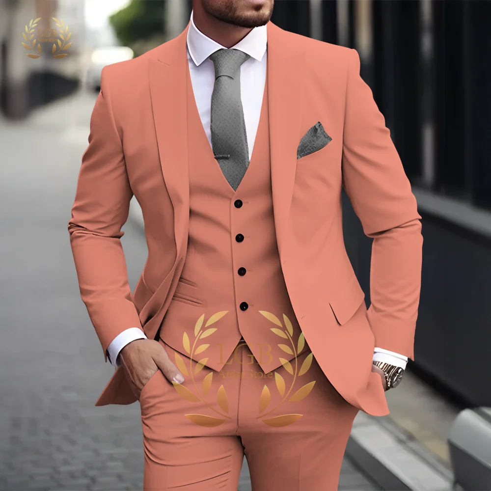 Men's Khaki 3-Piece Suit Classic Peak Lapel Business Formal Wedding Groom Slim Fit Elegant Gentleman Style Fashion Blazer