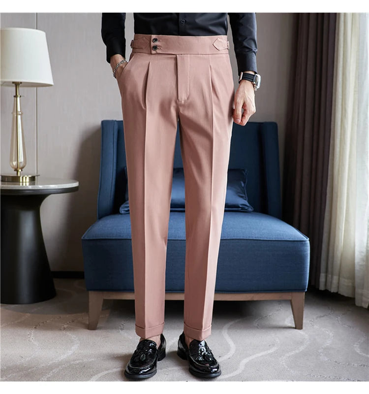 British Style Men High Waist Casual Dress Pant Men Belt Design Pink Trousers Formal Office Social Wedding Party Dress Suit Pants