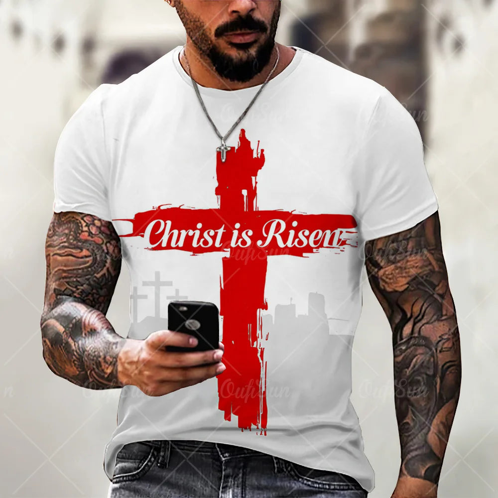 New Fashion Personality Men's T-Shirt Christian Cross Pattern 3D Printed Retro Short Sleeve O Neck Quick Dry High Quality Top