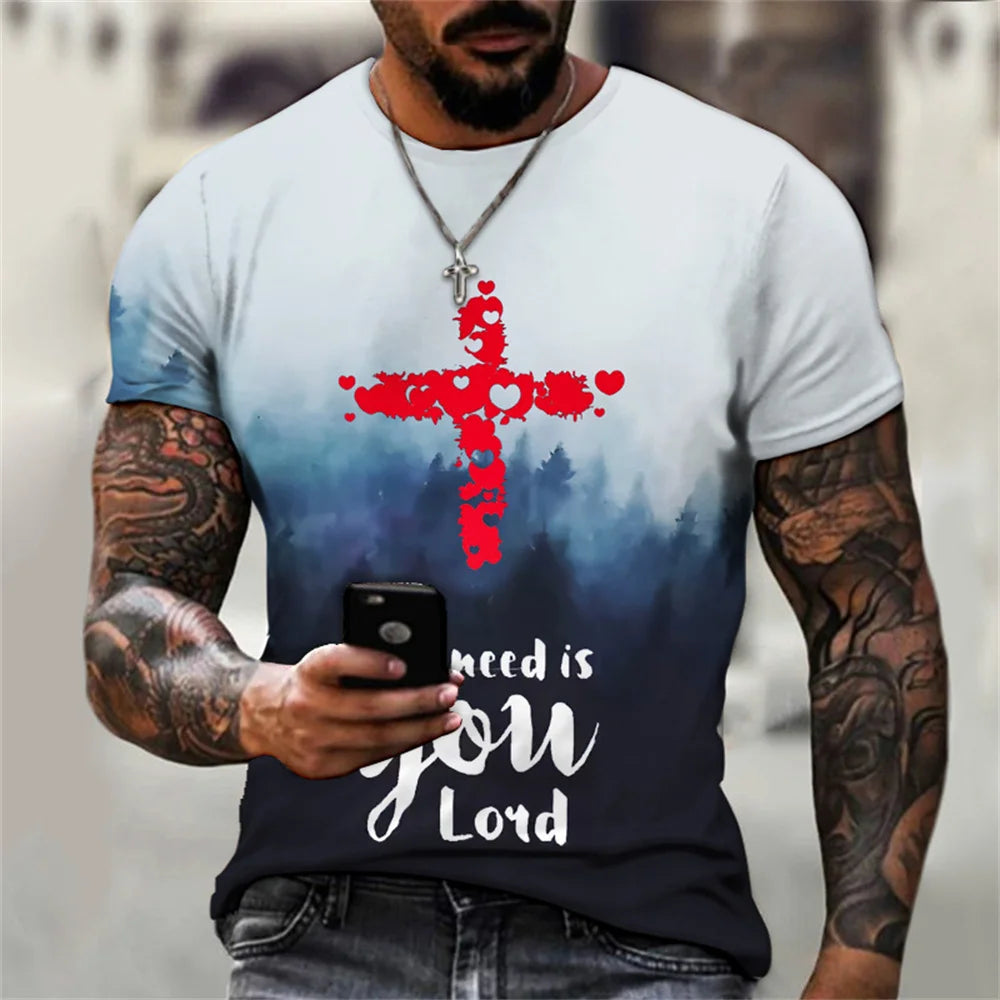 New Fashion Personality Men's T-Shirt Christian Cross Pattern 3D Printed Retro Short Sleeve O Neck Quick Dry High Quality Top