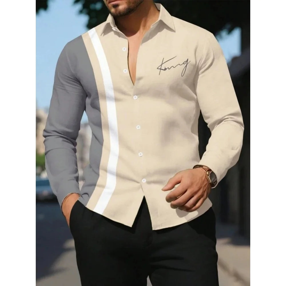 Men's Shirt Letter Striped Print Men's Long-Sleeved Shirt Autumn Casual Tops Beach Men Clothing Oversized Men's Fashion Shirts