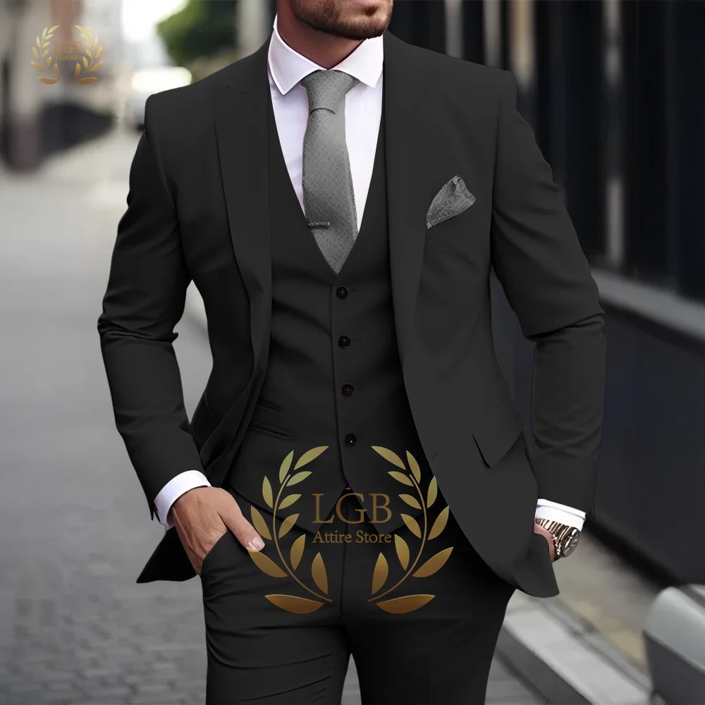 Men's Khaki 3-Piece Suit Classic Peak Lapel Business Formal Wedding Groom Slim Fit Elegant Gentleman Style Fashion Blazer