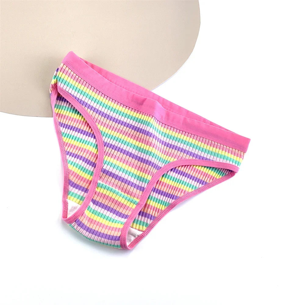 CRWC 3Pcs Cotton Pants Women Underwear Low Waist Striped Briefs Colorful Girls Cute Stretch Lingerie Plus Size
