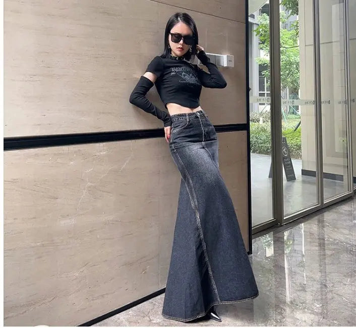 Maxi Skirt Women Casual Mermaid Streatwear High Waist Zipper Denim Skirts Y2k Streetwear Loose Long Mom Jeans Ankle Lenth Summer