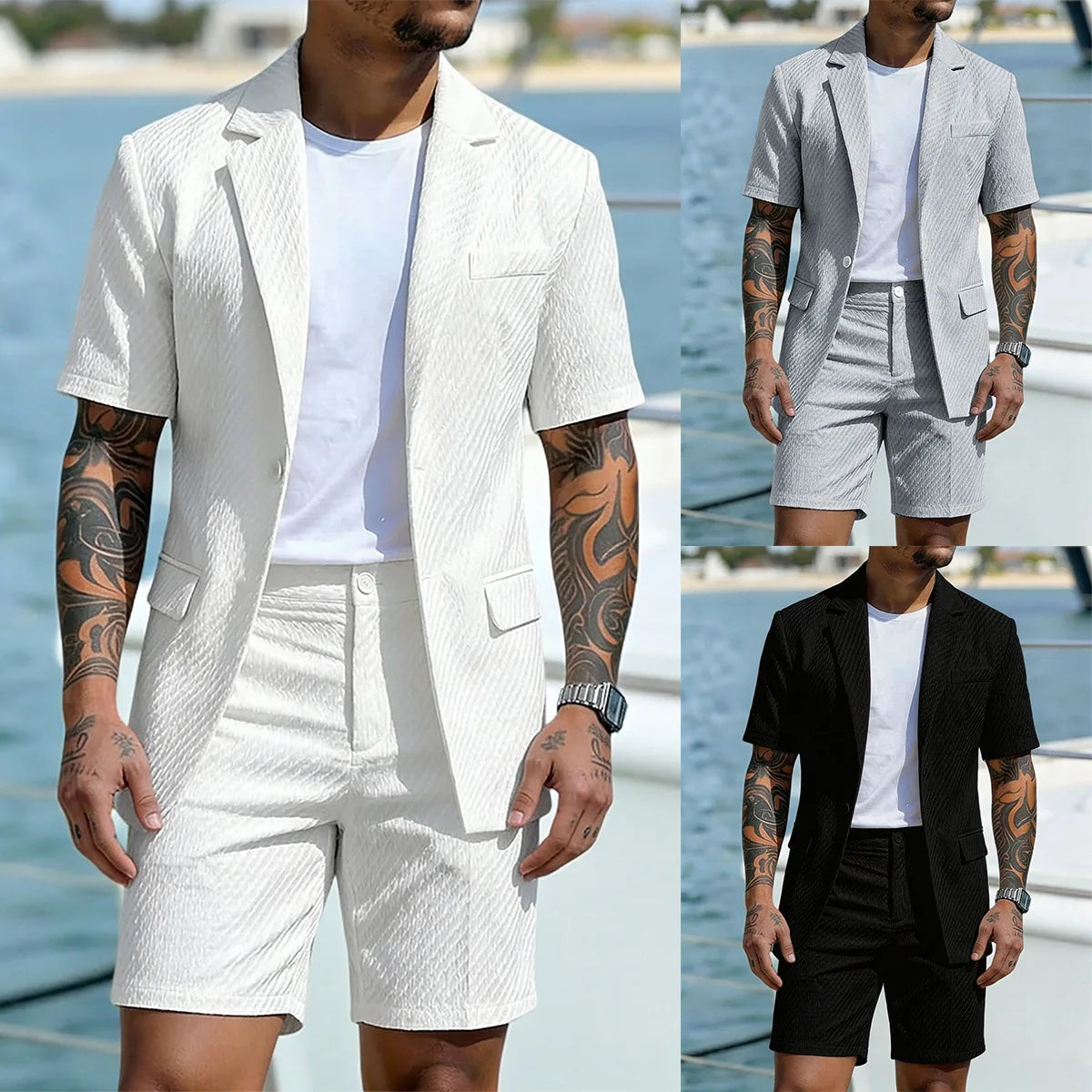 Men Suit Set Summer British Style Solid Color Short Sleeve Male Outfit Slim Breathable Business Wedding Man 2-piece Suit