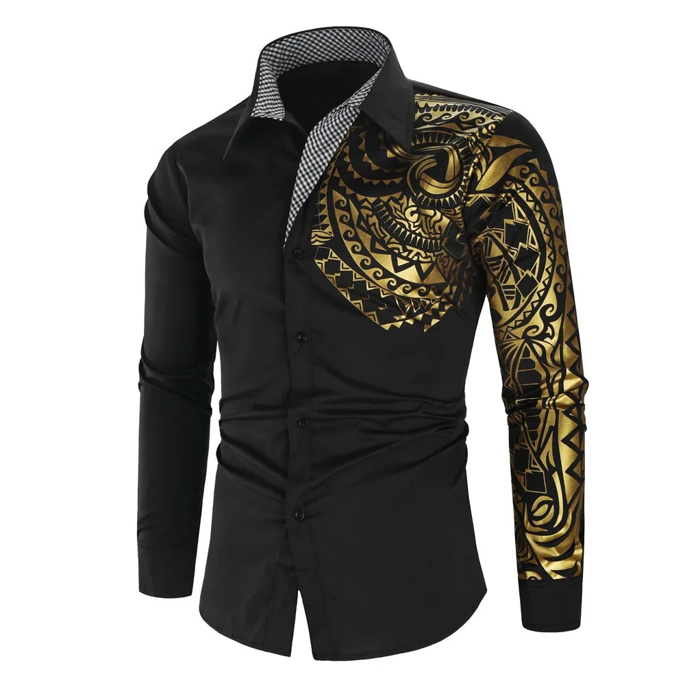 New Fashion Men's Shirt Gold Stamping Printing Long Sleeve Shirt Slim Fit Causal Turn Down Collar Hot Sale