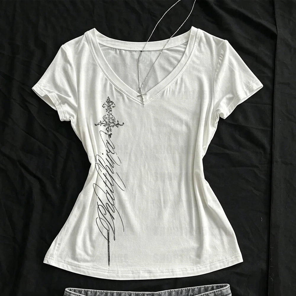 T Shirts Women V Neck Slim Vintage Printing Elegant Grunge Gothic Y2k Aesthetic Harajuku Tops Ladies Casual Tee Shirt