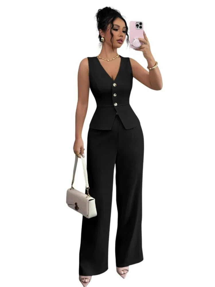 2026 Summer New Solid Color Two Piece Sets Women V-neck Sleeveless Slim Single-breasted Vest Top + Wide-leg Trousers 2-piece Set