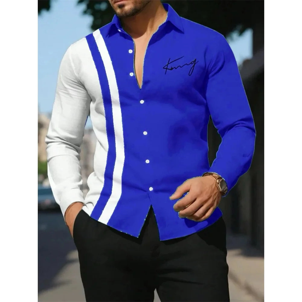 Men's Shirt Letter Striped Print Men's Long-Sleeved Shirt Autumn Casual Tops Beach Men Clothing Oversized Men's Fashion Shirts