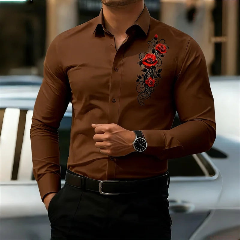 Men's Long-Sleeved Shirt, Featuring a Vintage Red Rose Print Design. A Stylish Business Casual Shirt and Fashionable Men's Top.