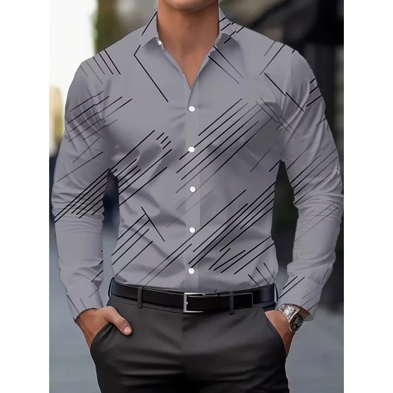 Men's Long Sleeve Geometric Line Print Dress Shirt Slim Fit Formal Casual Button Down Business Top Camisa Masculina De Negócios