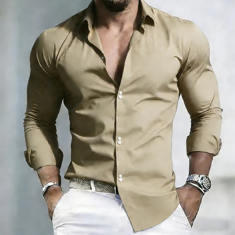2026 Solid Color Men's Shirt Casual White Shirt High Quality Solid Color Long Sleeve Stretch Fabric Business Formal Shirt XS-6XL