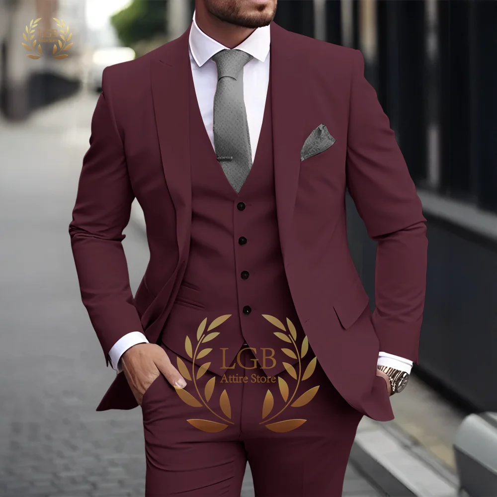 Men's Khaki 3-Piece Suit Classic Peak Lapel Business Formal Wedding Groom Slim Fit Elegant Gentleman Style Fashion Blazer