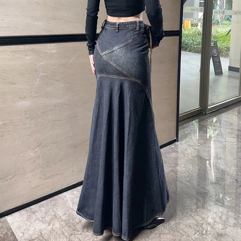 Maxi Skirt Women Casual Mermaid Streatwear High Waist Zipper Denim Skirts Y2k Streetwear Loose Long Mom Jeans Ankle Lenth Summer