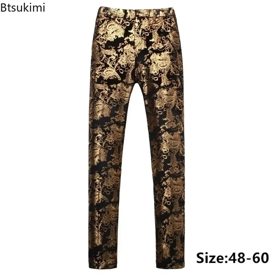 2026 Men's Luxury Gold Stamping Floral Suit Pants Casual Flat Front Expandable Waist Trousers Men's Party Wedding Prom Pantalon