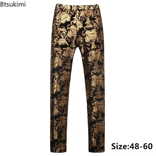 2026 Men's Luxury Gold Stamping Floral Suit Pants Casual Flat Front Expandable Waist Trousers Men's Party Wedding Prom Pantalon