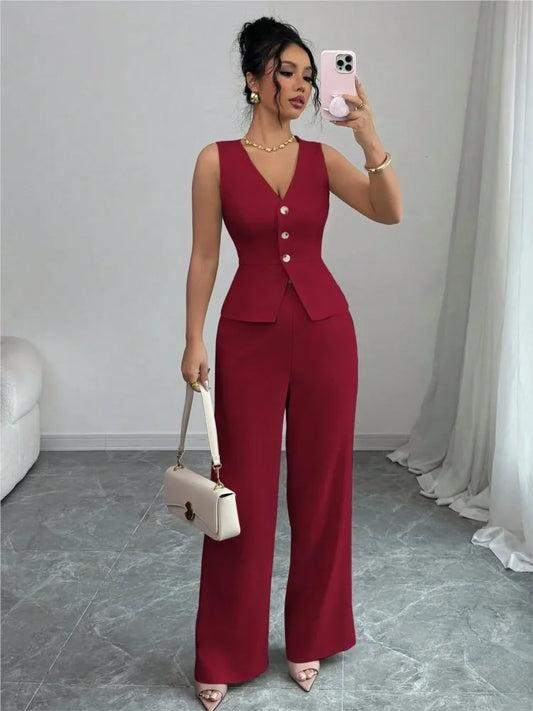 2026 Summer New Solid Color Two Piece Sets Women V-neck Sleeveless Slim Single-breasted Vest Top + Wide-leg Trousers 2-piece Set
