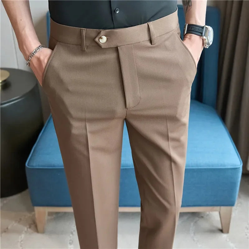 2025  New Autumn Green Premium Dark Stripe Formal Pants for Men,Coffee Slim Small Foot Mens Casual Trousers/Dress Pants Men