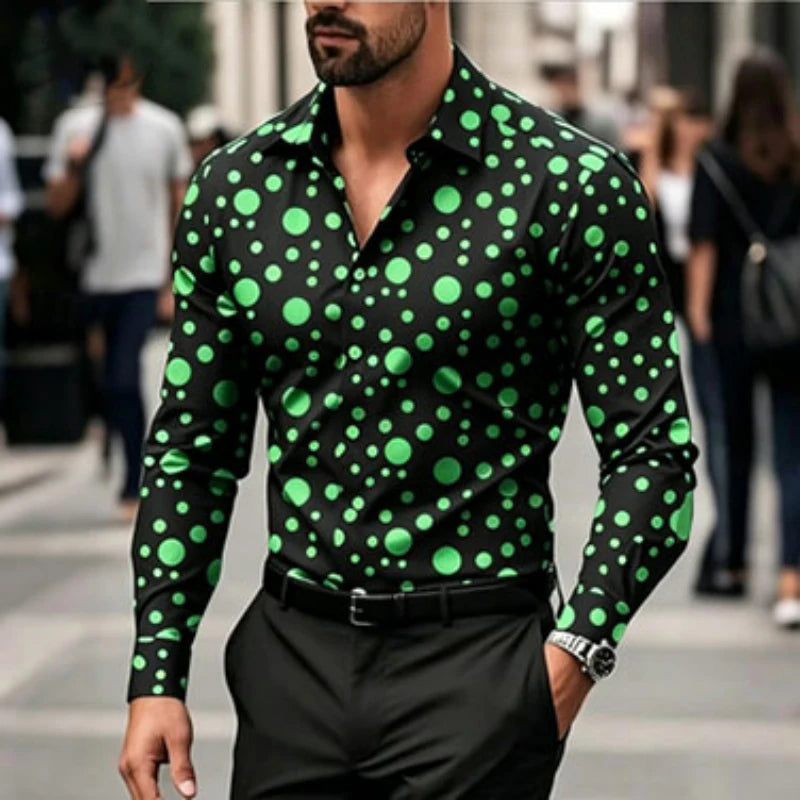 Men's shirt with polka dot print long sleeved shirt, outdoor casual style, slim fit collar shirt, men's casual formal top