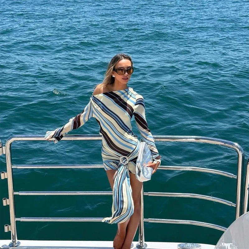 Lady Long Sleeve Striped Dress High Waist Stretch Beach Daily Casual Lace Up Soft Mini Dresses 2026 Fashionable Vacation Gowns
