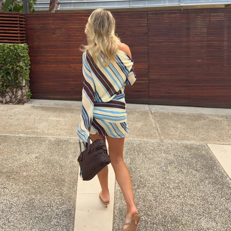 Lady Long Sleeve Striped Dress High Waist Stretch Beach Daily Casual Lace Up Soft Mini Dresses 2026 Fashionable Vacation Gowns