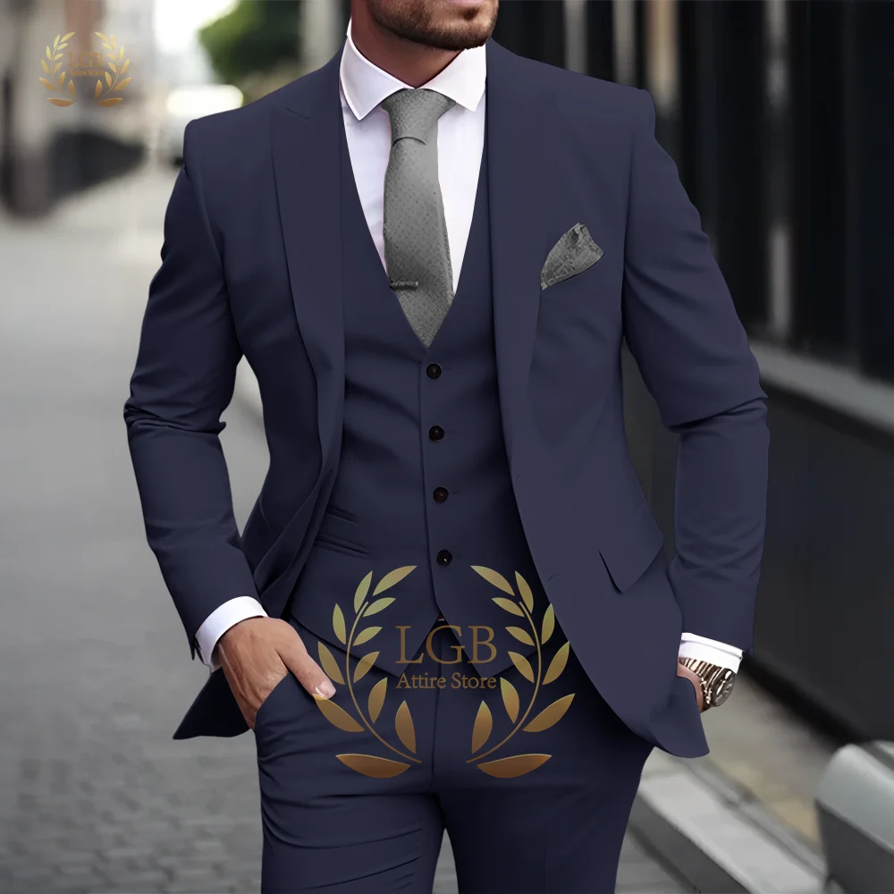 Men's Khaki 3-Piece Suit Classic Peak Lapel Business Formal Wedding Groom Slim Fit Elegant Gentleman Style Fashion Blazer