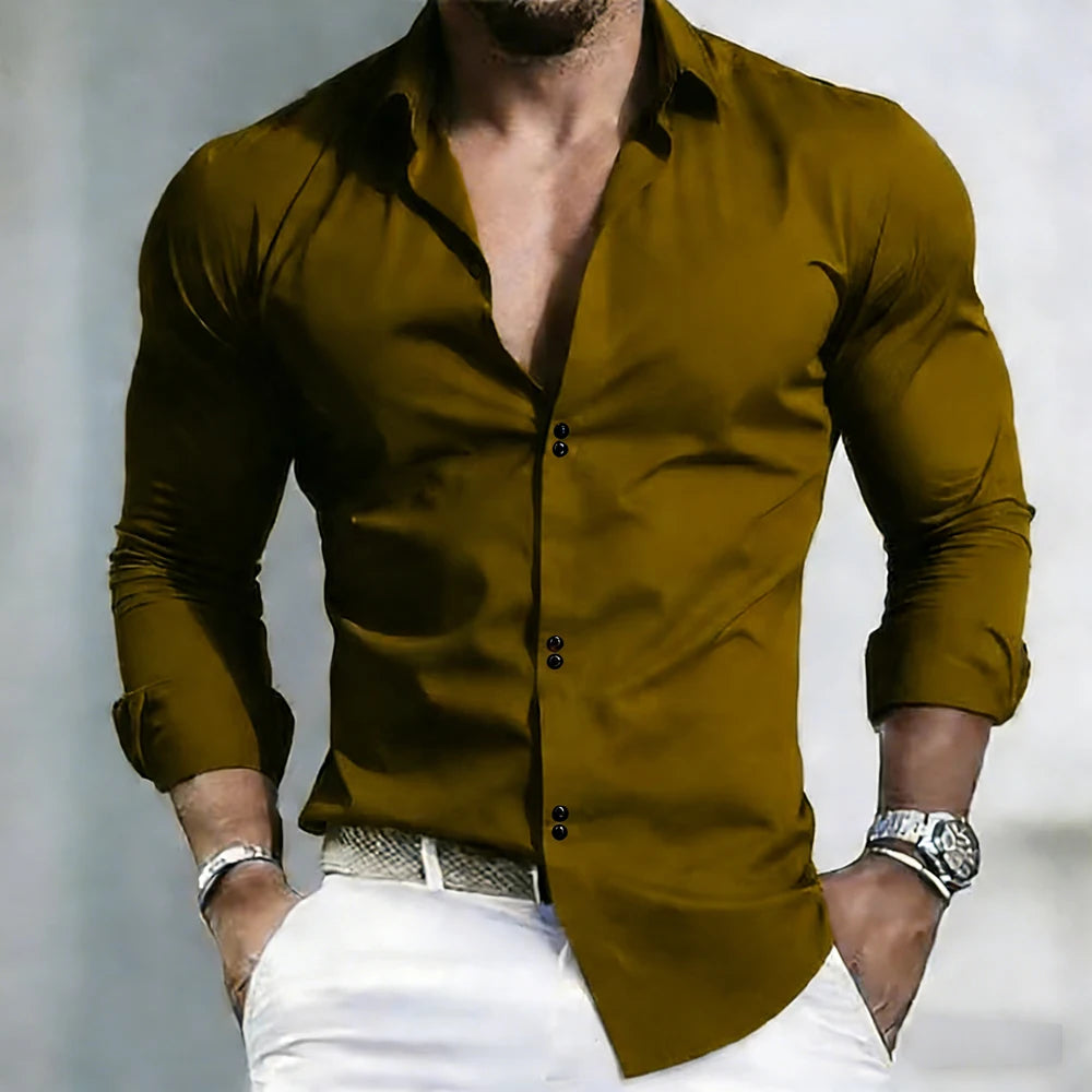 2026 Solid Color Men's Shirt Casual White Shirt High Quality Solid Color Long Sleeve Stretch Fabric Business Formal Shirt XS-6XL