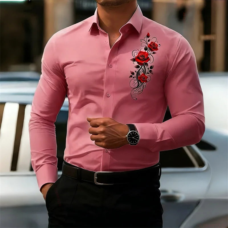 Men's Long-Sleeved Shirt, Featuring a Vintage Red Rose Print Design. A Stylish Business Casual Shirt and Fashionable Men's Top.
