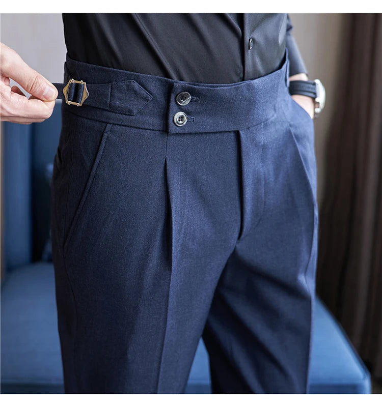 British Style Men High Waist Casual Dress Pant Men Belt Design Pink Trousers Formal Office Social Wedding Party Dress Suit Pants
