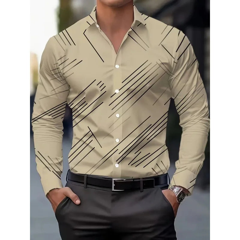 Men's Long Sleeve Geometric Line Print Dress Shirt Slim Fit Formal Casual Button Down Business Top Camisa Masculina De Negócios