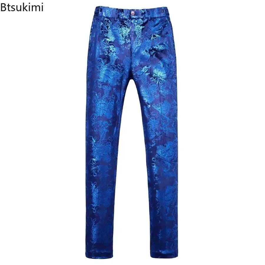 2026 Men's Luxury Gold Stamping Floral Suit Pants Casual Flat Front Expandable Waist Trousers Men's Party Wedding Prom Pantalon