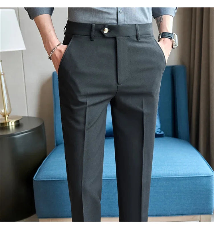 2025  New Autumn Green Premium Dark Stripe Formal Pants for Men,Coffee Slim Small Foot Mens Casual Trousers/Dress Pants Men